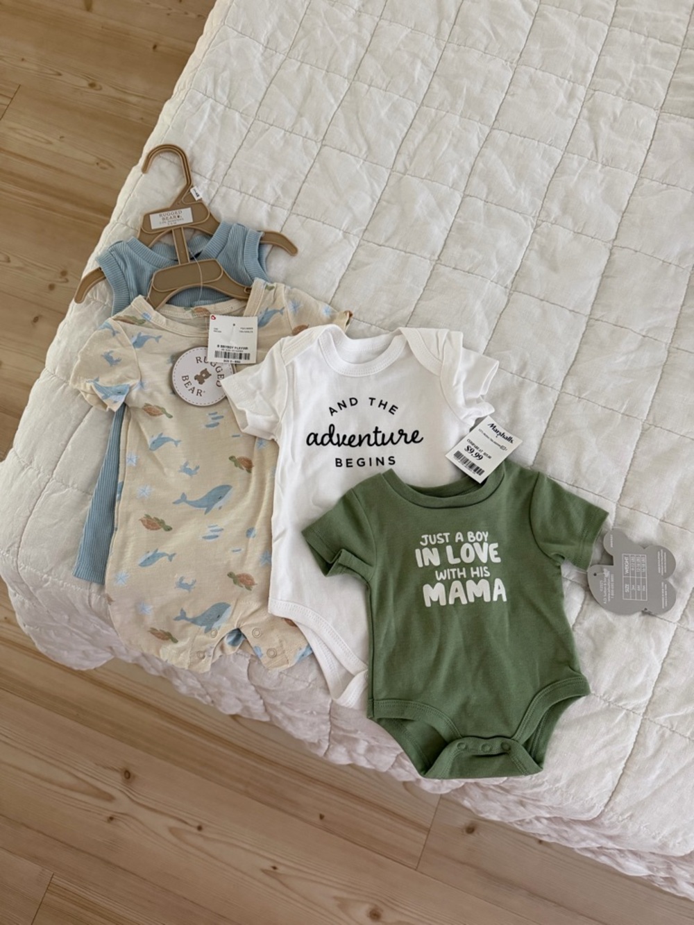 Kids One-Piece Bodysuit Set - White, Olive Green, Light Blue, Cream Print